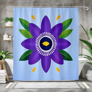 Cortina de ducha con flores moradas, decoración floral moderna para el baño, cortina de baño botánica llamativa, diseño floral minimalista, decoración colorida para el baño