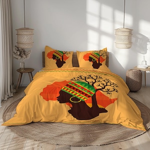 Dekbedovertrekset African Woman – mosterd, oranje, groen, zwart | Afrocentrisch tribal beddengoed | Cultureel erfgoed kunst | Meerdere maten