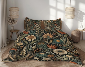 Vintage Floral Bedding Set, Dark Green, Beige, Rust Orange, Botanical Duvet Cover, Boho Aesthetic Bedspread, Cottagecore Bedroom Decor