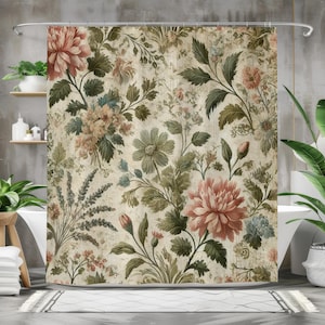 May include: A shower curtain with a vintage floral pattern featuring pink, white, and green flowers on a cream background.