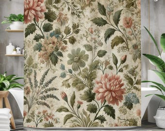 Rustic Farmhouse Floral Shower Curtain | Vintage Botanical Bathroom Decor | Cottagecore Charm