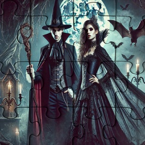 Gothic Vampire Couple Wooden Jigsaw Puzzle for Adults | 200, 300, 500, 1000 Pieces | Dark Fantasy Art | Box with Image