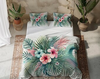 トロピカルハイビスカス寝具セット：鮮やかな花柄の掛け布団カバー