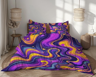 Copripiumino con vortice psichedelico – Biancheria da letto colorata e psichedelica in viola, giallo e verde acqua
