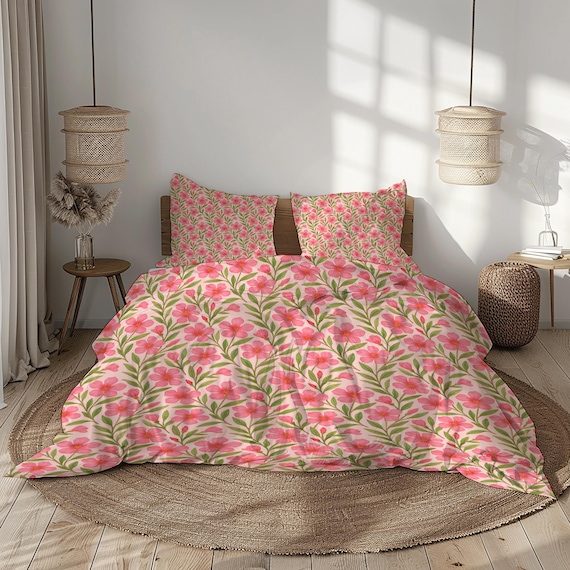 Rosa Bettwäsche mit grünen Blättern - Bettbezug und Kissenbezüge, romantisches Cottagecore Schlafzimmer Dekor, mehrere Größen optionen