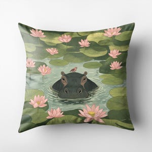 Funda de almohada de hipopótamo: adorable diseño de hipopótamo y nenúfar, funda de cojín de varios tamaños, decoración del hogar con temática animal