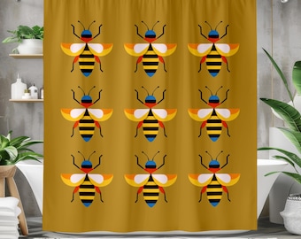 Cortina de chuveiro impermeável com estampa geométrica de abelhas, cor amarelo mostarda, para decoração moderna de banheiro.