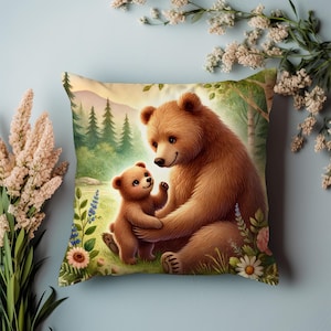 Adorable funda de almohada con forma de madre y bebé oso: decoración de animales del bosque, cojín rústico para cabañas, guarderías de bebés y acogedores temas de vida silvestre