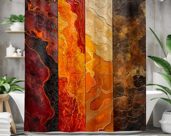 Cortina de ducha con elementos terrosos: textura de piedra abstracta, decoración de baño en tonos cálidos, cortina artística de inspiración terrosa