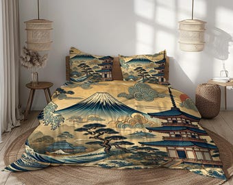 Japanese Art Bedding Set - Beige, Navy Blue, Gold, Black - Traditional Asian Duvet Cover & Pillowcases (No Comforter)
