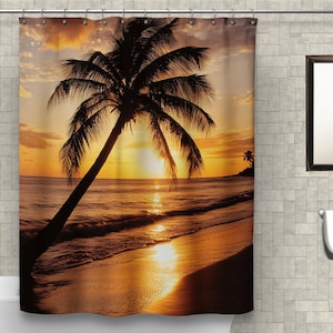 Tropical Sunset Shower Curtain: Waterproof Beach Bathroom Decor