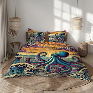 May include: A blue and purple octopus with red tentacles is depicted in a graphic design on a yellow, blue, and purple bedding set. The octopus is surrounded by waves and a sunset.