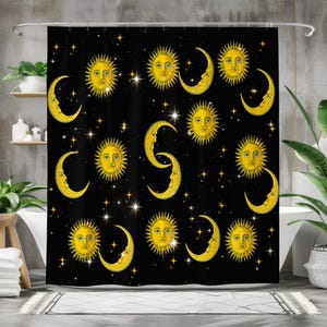 Celestial Sun and Moon Shower Curtain, Cosmic Black and Gold Design, Waterproof Fabric Bathroom Curtain, Mystical Decor for Home