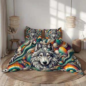 Puede incluir: Una funda nórdica colorida con la cara de un lobo en el centro. El lobo está rodeado de remolinos abstractos y formas coloridas. La funda nórdica está hecha de tela suave y cómoda y es perfecta para agregar un toque de fantasía a cualquier dormitorio.