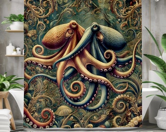 Octopus Shower Curtain: Nautical Sea Life Fabric Bathroom Decor
