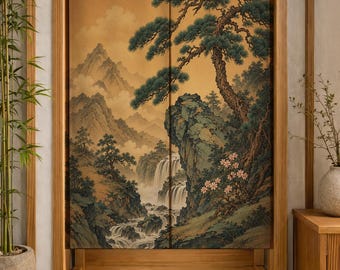 Puede incluir: Una cortina de puerta rectangular de tela con una escena de paisaje impresa que muestra un gran pino, acantilados rocosos, una cascada y montañas distantes en tonos dorados, verdes y marrones, colgada en un marco de puerta de madera.