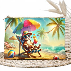 Borsa per il trucco da spiaggia Summer Cat - Borsa da viaggio per cosmetici, custodia con cerniera, grazioso regalo per donne, ragazze e amanti della bellezza