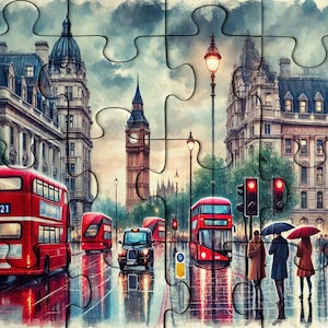 London Street Scene Wooden Jigsaw Puzzle: Big Ben, Red Buses