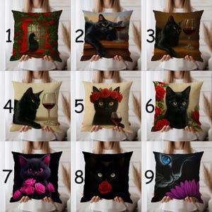 May include: A collection of decorative cushions with images of black cats. Some cushions depict cats with wine glasses, surrounded by roses, or wearing floral crowns. The cushions have a vintage, artistic style, with a focus on feline imagery.