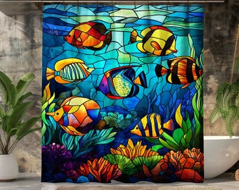 ステンドグラスの熱帯魚シャワーカーテン：防水マリンインテリア