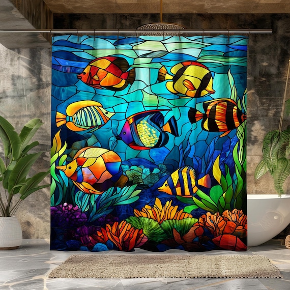 ステンドグラスの熱帯魚シャワーカーテン：防水マリンインテリア