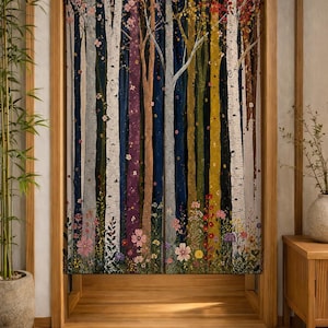 May include: A rectangular fabric door curtain featuring a vertical forest scene with white birch trunks, dark blue, purple, and yellow trees, and a colorful base of wildflowers in shades of pink, red, yellow, and purple against a dark background.