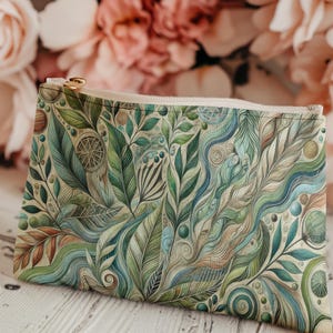 Botanical Pencil Case, Nature Inspired Zipper Pouch, Green Aesthetic Stationery Bag, Handmade Fabric Organizer, Travel Pouch Gift