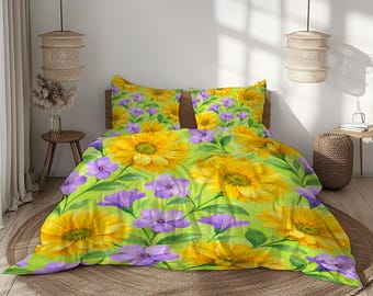 Yellow Floral Duvet Cover Set, Daisy Wildflower Bedding, Spring Garden Microfiber Bedding with 2 Pillowcases Set