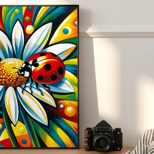 Colorful Ladybug on Flower Canvas Print, Vibrant Nature Art, Whimsical ...