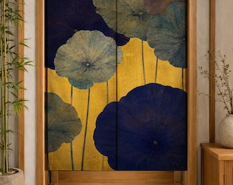May include: A rectangular fabric door curtain featuring a vibrant gold background adorned with large, overlapping lotus leaf motifs in shades of deep navy blue, slate gray, and muted teal, suspended within a wooden door frame.