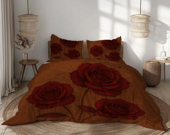 Set copripiumino Red Rose – Biancheria da letto romantica marrone con stampa floreale bordeaux