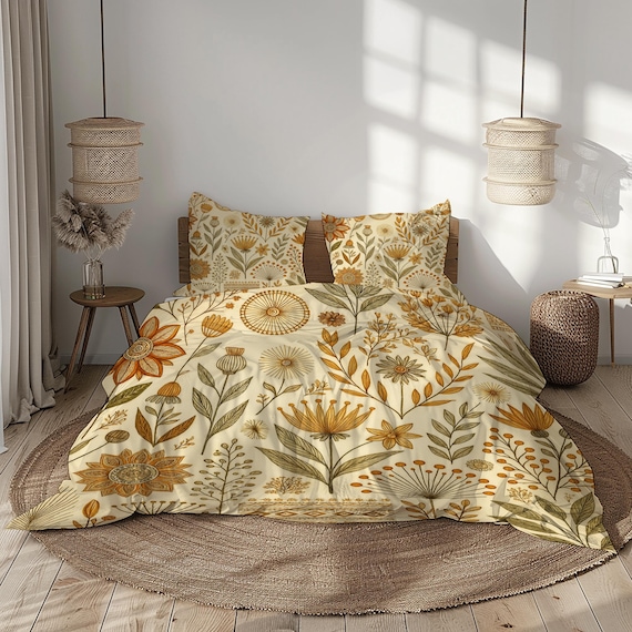 Vintage Blumen Bettwäsche Set: Beige, Orange, Grün (ohne Tröster)