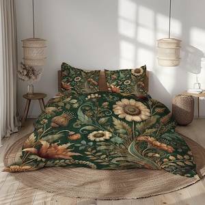 May include: A dark green floral duvet cover set with two matching pillowcases. The design features large, stylized flowers in shades of cream, orange, and brown. The bedding is displayed on a bed with a wooden headboard, creating a cozy bedroom setting.