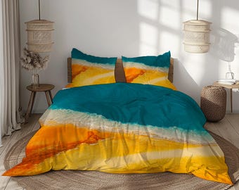 Set copripiumino Ocean Sunset - Blu, Turchese, Arancione, Giallo - Morbida microfibra, arredamento per camera da letto ispirato alla spiaggia costiera