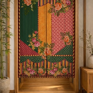 Vintage Floral Noren Curtain, Boho Patchwork Doorway Curtain, Cottagecore Room Divider, Maximalist Botanical Wall Hanging Decor