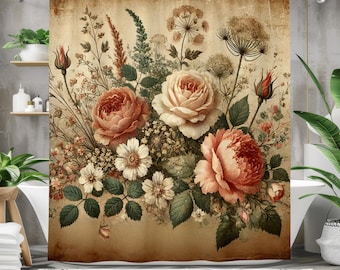 Vintage Rose Shower Curtain | Romantic Floral Bathroom Decor | Antique-Inspired Elegance