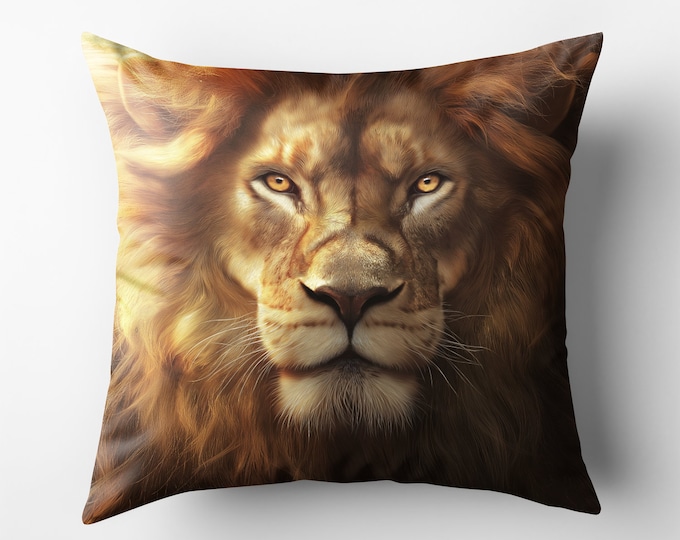 Majestic Lion Throw Pillow Cover, Realistic Lion Face Print, Decorative Cushion for Sofa, Multisize, Double-Sided Print, Animal Lover Gift