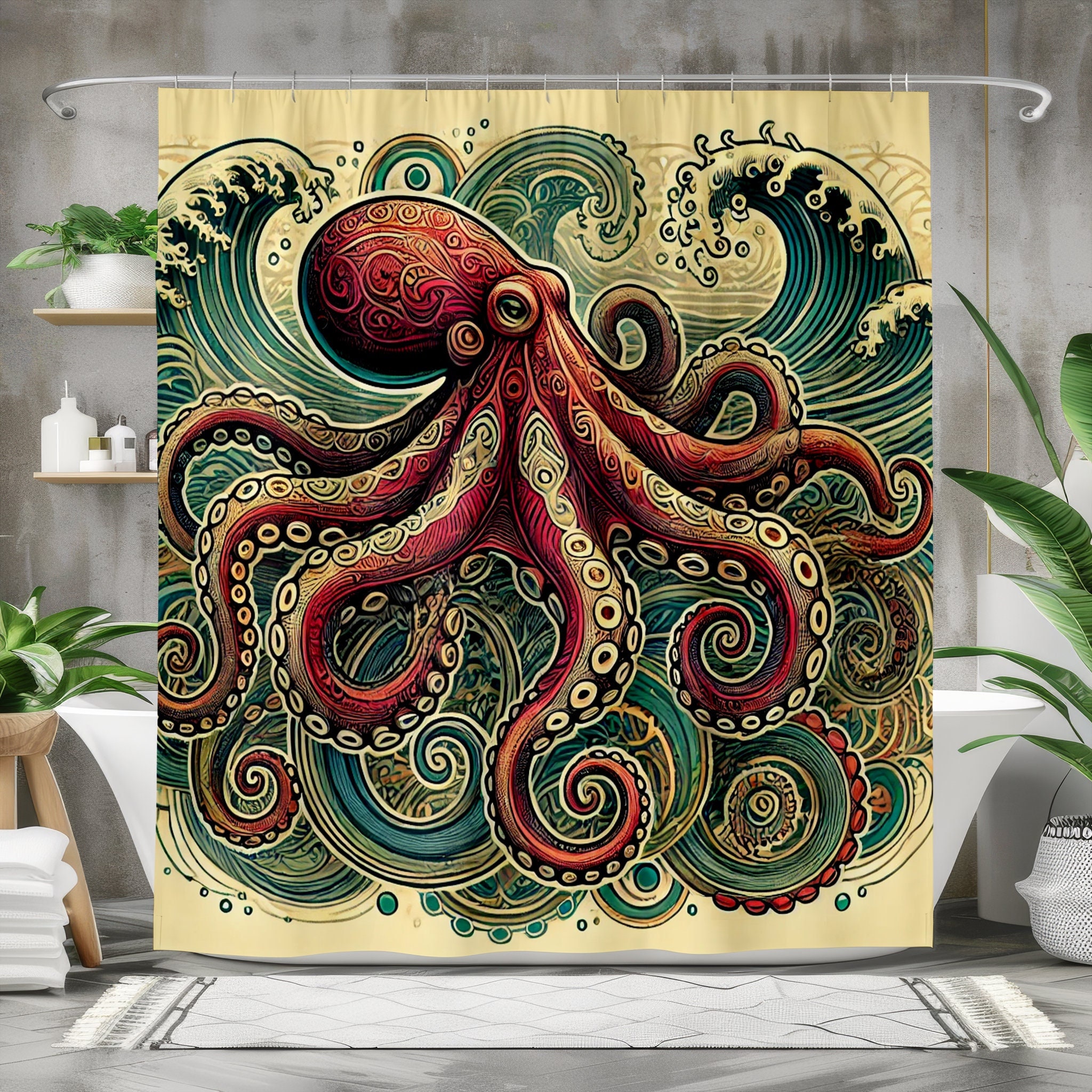 Octopus Ocean Waves Shower Curtain: Nautical Bathroom Decor