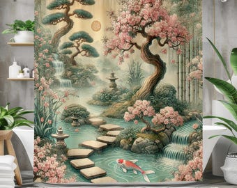 Cortina de ducha de jardín japonés: peces koi, flores de cerezo y decoración zen