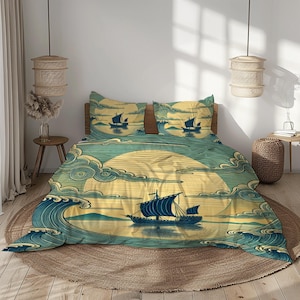 Sailing Boat Bedding Set, Yellow Blue Nautical Design, 100% Microfiber Duvet Cover and Pillowcases, Soft and Artistic Home Decor