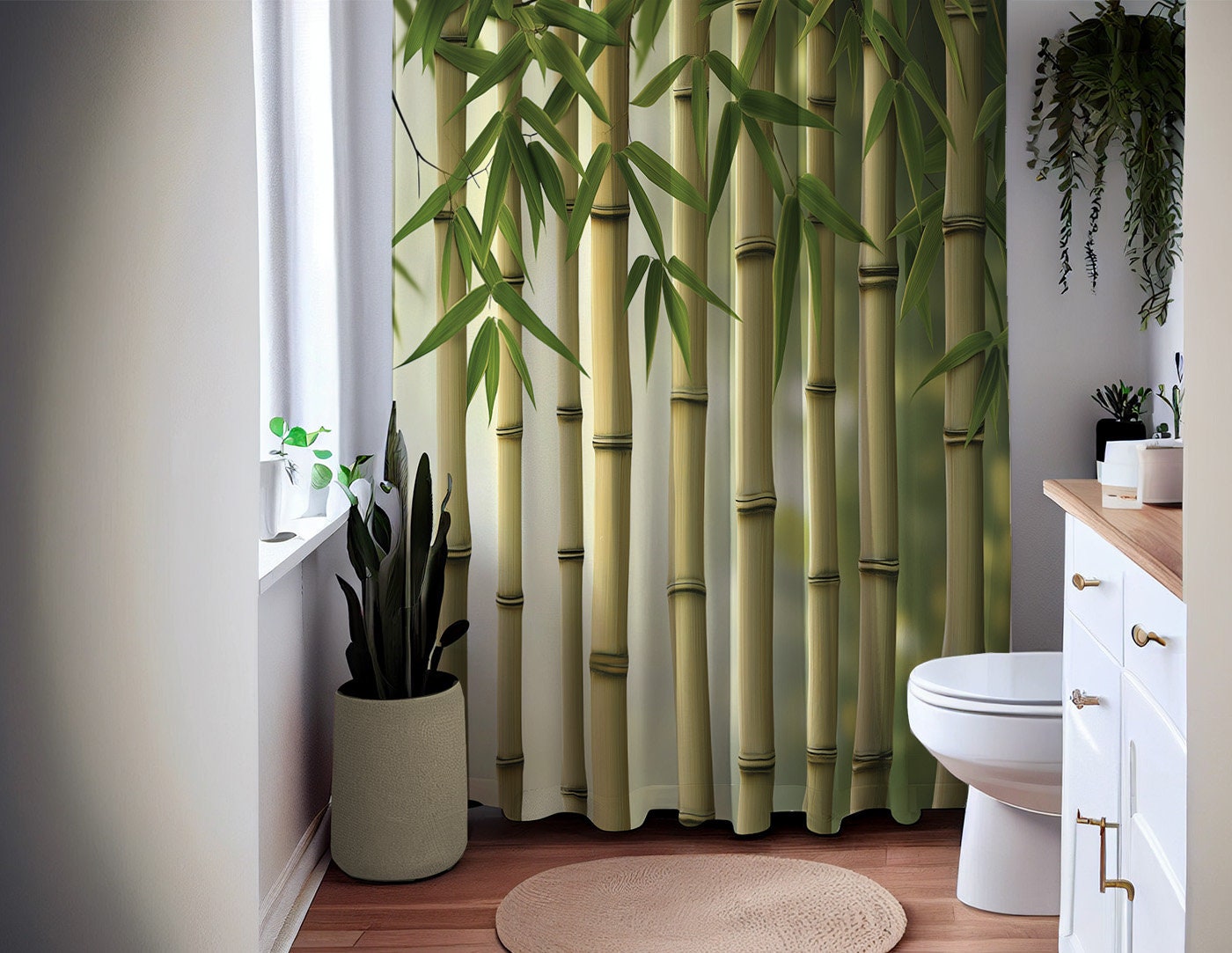 Tenda Doccia In Tessuto Spa Decor Collection - 150x180 Cm - Design Giardino Zen Con Fiori E Bambù, Antimuffa - 2
