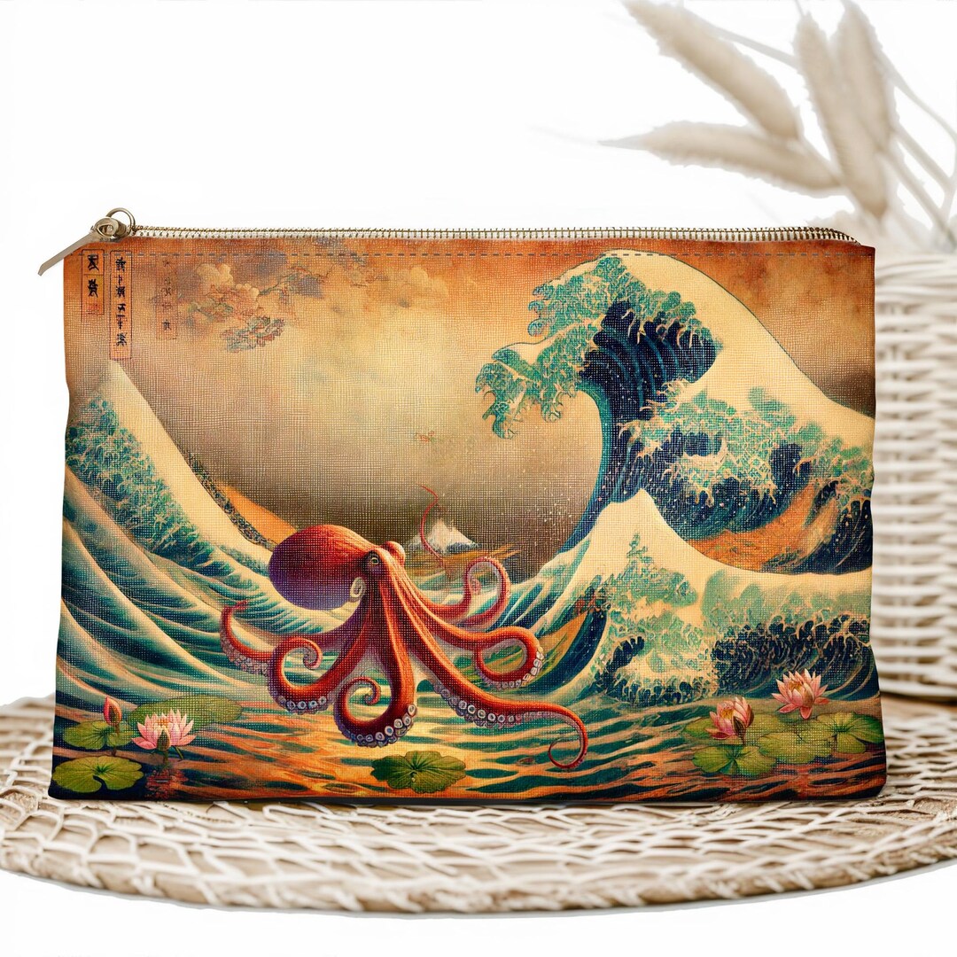 Octopus and Great Wave Zipper Pouch - Artistic Makeup Bag - Ocean ...