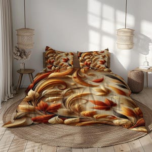 Puede incluir: Una funda nórdica con un patrón floral en tonos marrones, naranjas y crema. El patrón presenta intrincados remolinos y hojas.