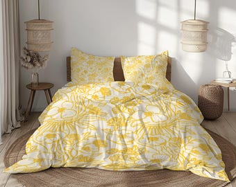 Floral Bedding Set, Yellow and White Duvet Cover with Pillowcases