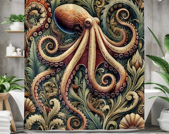 Baroque Octopus Shower Curtain – Ornamental Sea Creature Art for Bold Bathroom Decor