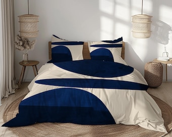 Funda nórdica abstracta azul marino, ropa de cama geométrica minimalista, juego de dormitorio moderno