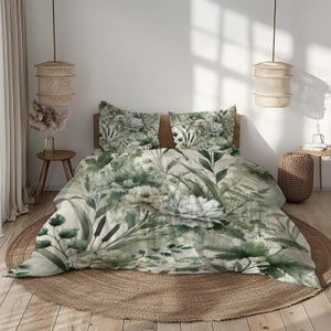 Floral Bettwäsche Set Grün Beige Elfenbein Weiß botanischer Bettbezug mit Kissenbezügen - weiche, vom Garten inspirierte Schlafzimmerdekoration
