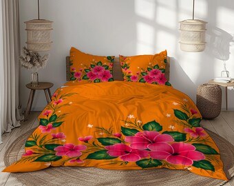 Tropical Floral Bedding Set: Orange, Pink & Green Duvet Cover