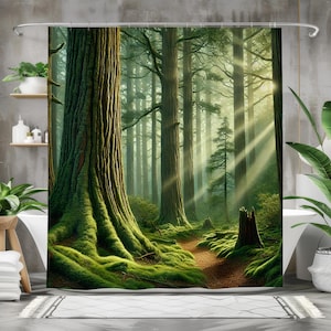 Enchanting Forest Shower Curtain - Serene Woodland Path with Sun Rays - Nature-Inspired Bathroom Décor