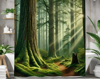 Enchanting Forest Shower Curtain - Serene Woodland Path with Sun Rays - Nature-Inspired Bathroom Décor